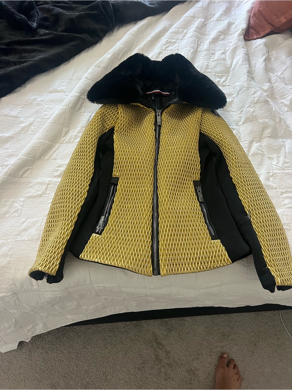 Fusalp Yellow and Black Ski Jacket with Black Fur Hood